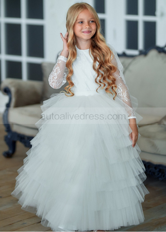 Long Sleeves Ivory Lace Tulle Ruffled Flower Girl Dress